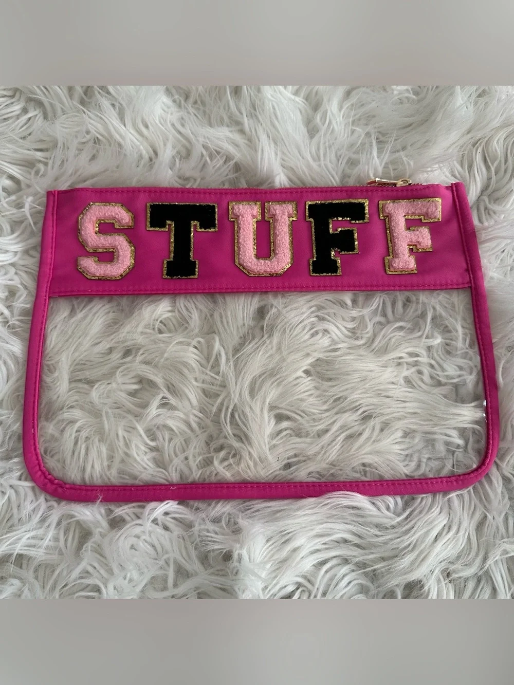 GLAM Clear Makeup Pouch with Chenille Patch Lettering - read description